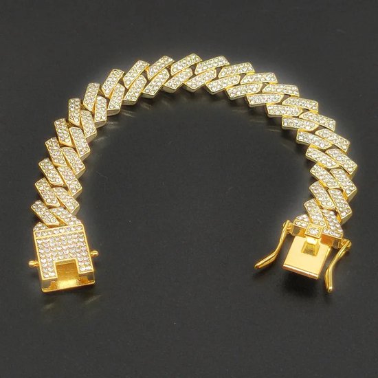 Gouden armband vol met zirkonia's, open sluiting met tandjes.