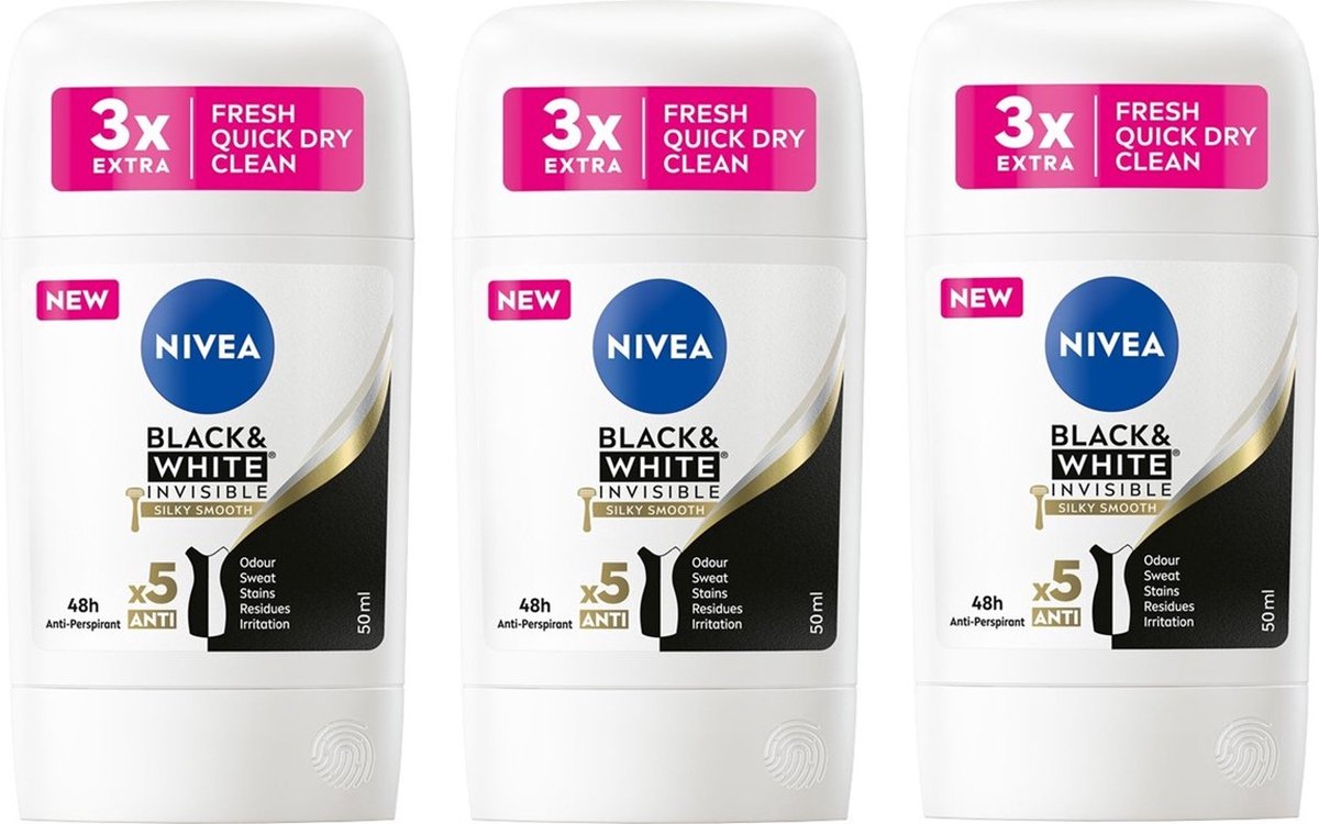 Goedkoopste Nivea Deo Stick - Black & White Silky Smooth - 3 x 50 ml