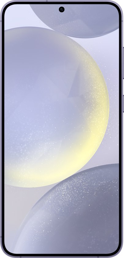 Samsung Galaxy S24 violet avec un design épuré et des cercles sur l'écran.