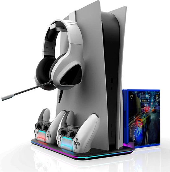 Support PS5 Avec Chargeur Manettes Et Ventilateur Refroidissement - Station Complète RGB Pour Playstation 5