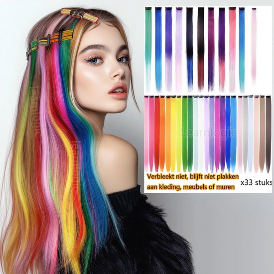 33 stuks gekleurde haarextensies multi-kleuren party highlights clip in synthetische haarextensies regenboog haardelen voor meisjes vrouwen kinderen cadeau Lange Rechte Haarpruik (kleurrijke set) Regenboogfeest Haarstukjes Haarextensies Clip