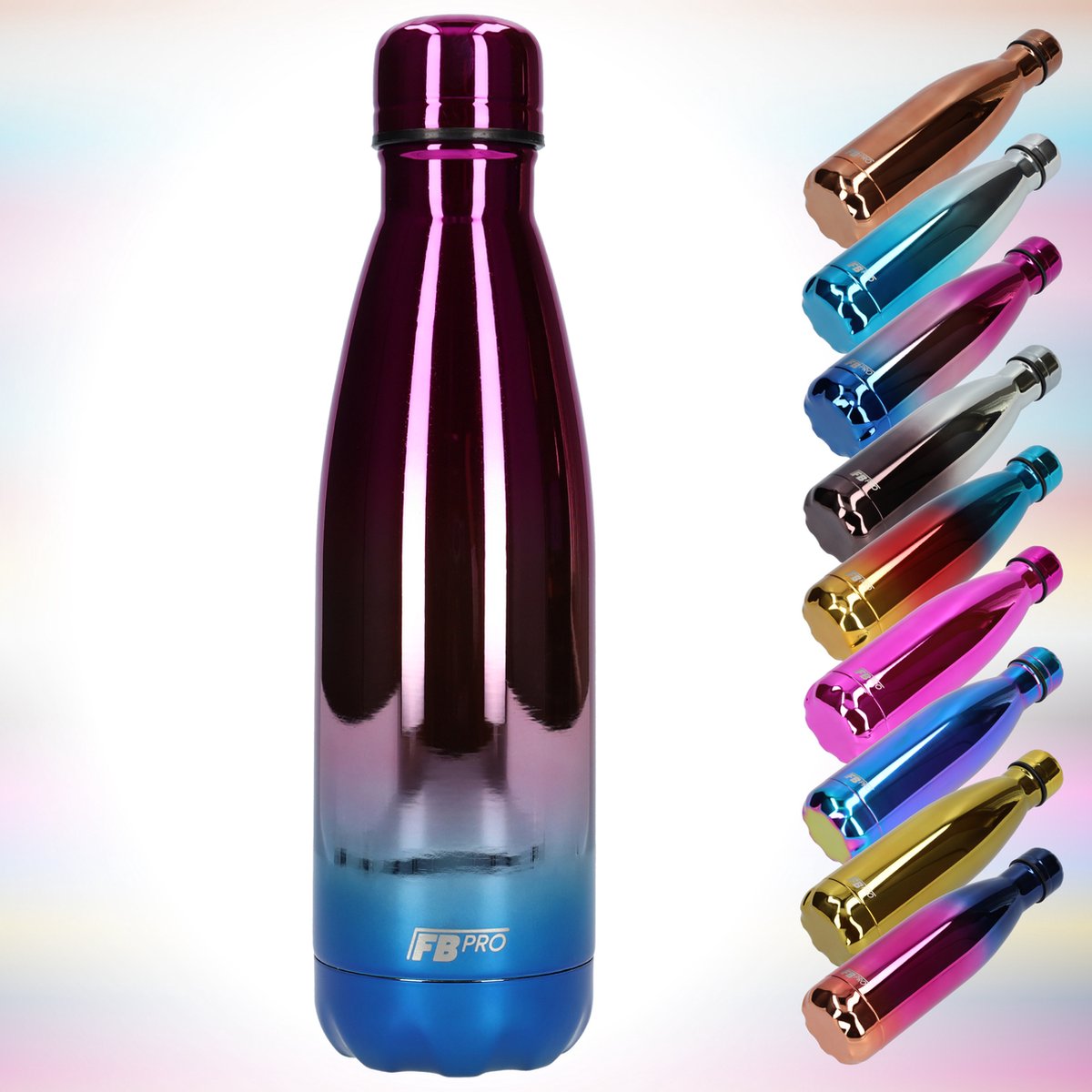 FBFS48, Thermosfles, Drinkfles, Waterfles - Modern & Slank Design - Thermos Fles voor de Warme en Koude Dagen - Dubbelwandig - Robuuste Thermoskan - 500ml - Raspberry Chrome Blue - Framboos Chrome Blauw