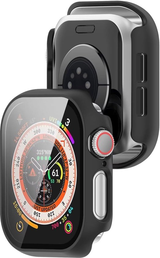 Zwarte hoes met glazen screenprotector, gemonteerd op een Apple Watch Series 10/11, 42mm. De achterkant van het horloge is zichtbaar.
