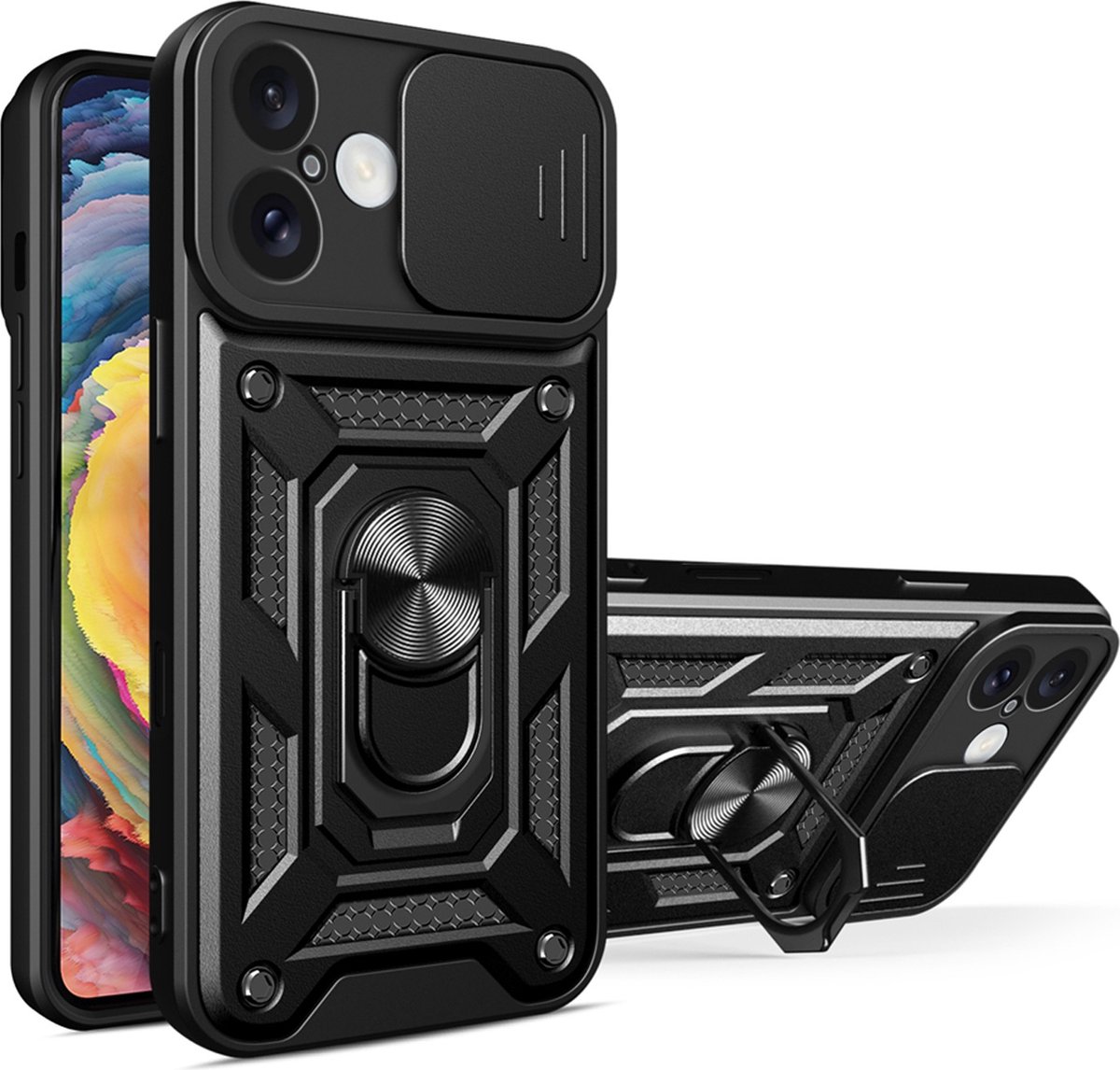 MobyDefend Hoesje - Geschikt voor iPhone 16 - Pantsercase Met Draaibare Ring - Zwart