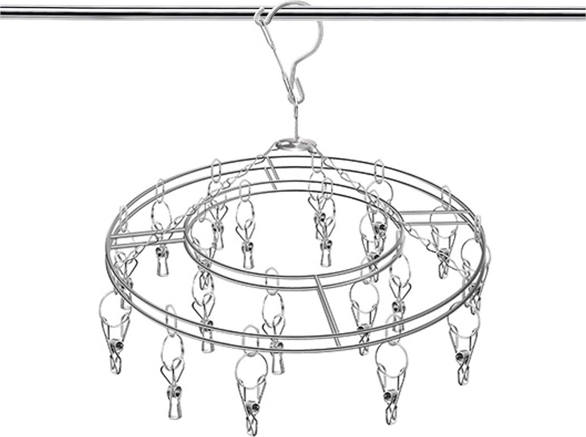 Goedkoopste RVS kledingdroogrek met 20 clips - Ruimtebesparend RVS kledingdroogrek - Georganiseerd drogen en opbergen van kleding en accessoires - Met haken - Geschikt voor kleine kleding zoals sokken, handdoeken, bh's, ondergoed (roestvrij staal - rond