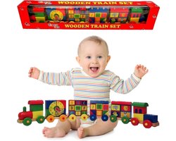 Houten Trein Speelgoed voor Baby 85 cm - Multikleur - Vroege educatieve ontwikkeling - Kleuter train met houten stapelblokken - Jongen en Meisjes - Kinderen - Cadeau TIP! - Trein & Wagons met houten stapel blokken