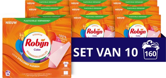 Robijn Classics Color Wasmiddeldoekjes - 10 x 16 wasstrips - Voordeelverpakking