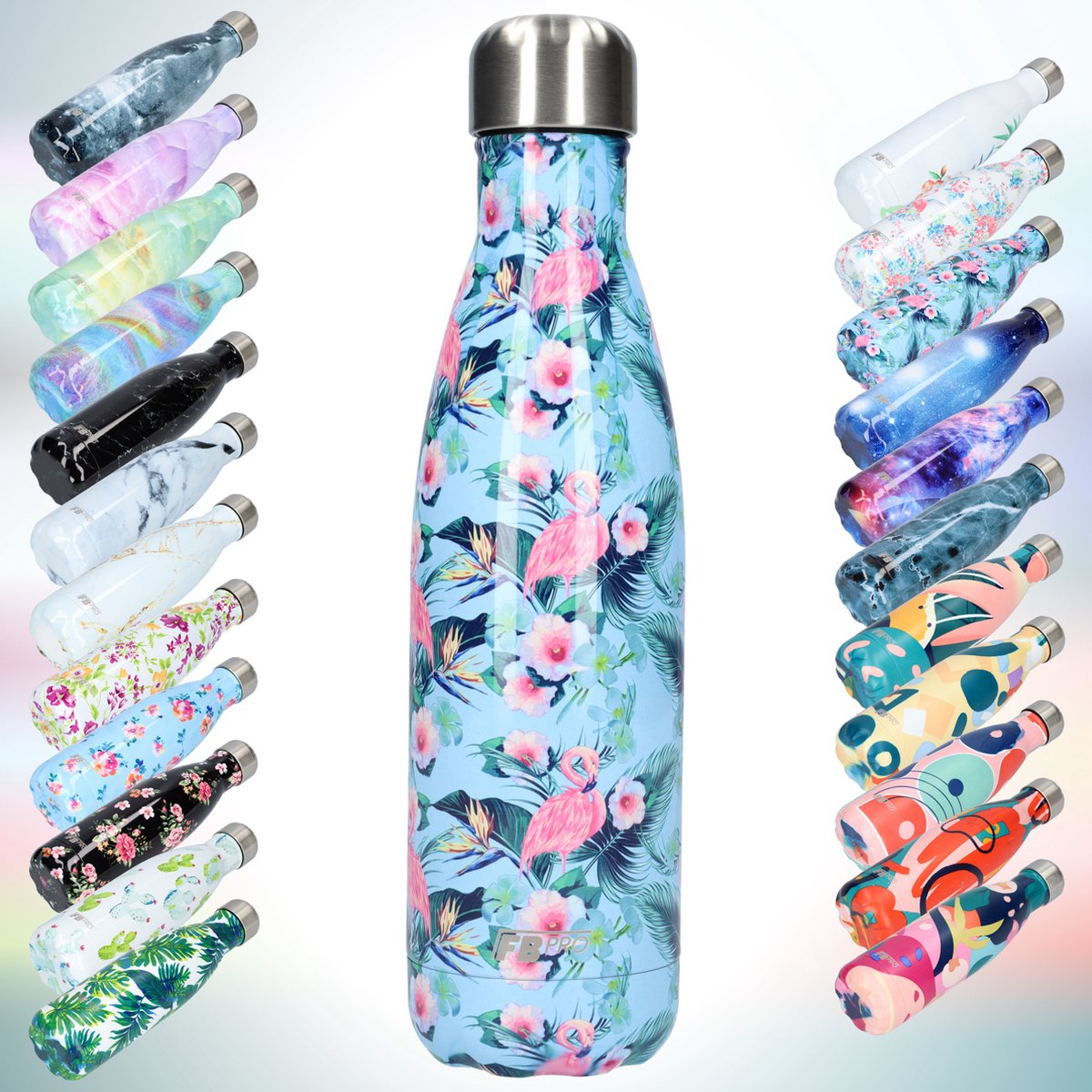 FBFS46, Thermosfles, Drinkfles, Waterfles - Modern & Slank Design - Thermos Fles voor de Warme en Koude Dagen - Dubbelwandig - Robuuste Thermoskan - 500ml - Flamingo Blue - Flamingo Blauw