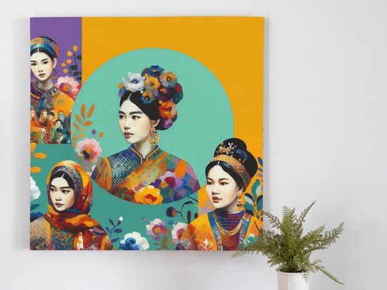 Olieverf dikke dames schilderij | Vetgebekte vrouwen gevat in kleurrijk olieverf meesterwerk | Kunst - 100x100 centimeter op Forex | Foto op Forex