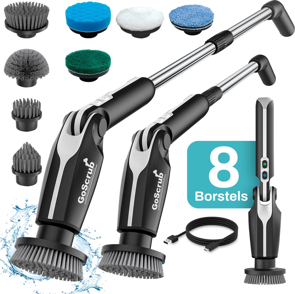 Goedkoopste GoScrub® Elektrische Schoonmaakborstel – Cleaning Hero V1 – Zwart - Schrobber Met Steel – Poetsmachine – Schrobborstel – Voor Badkamer en Keuken – 8 Opzetstukken