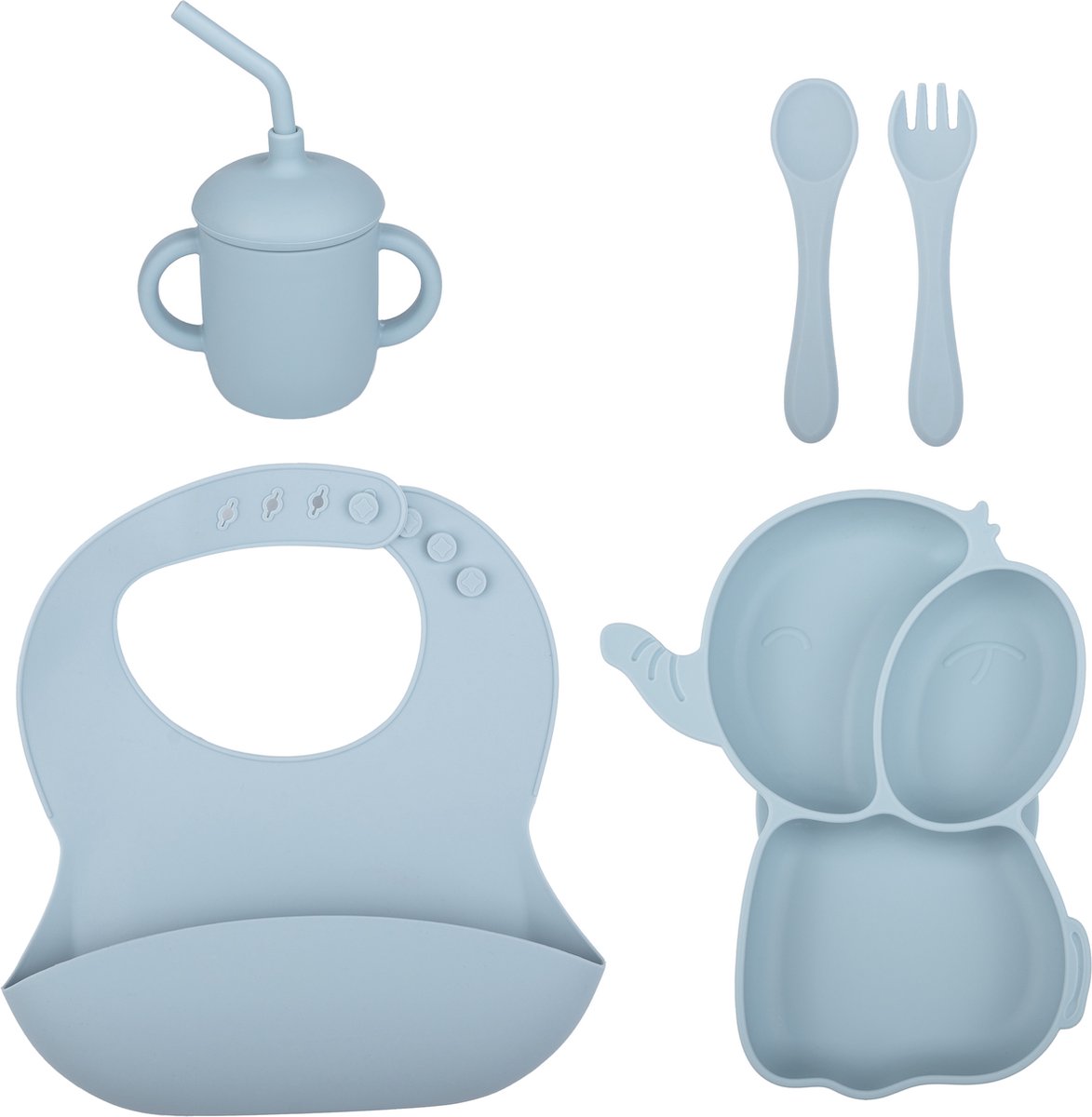 Goedkoopste DouDoukids - Lilo.favorites - Blauw - Siliconen servies -antislip bord - Kinderservies set- zuignap - 5Delig - Olifant - Kinderbestek - Drinkbeker - Oefenbeker - Kraamcadeau - jongen/meisje - Babyshowercadeau