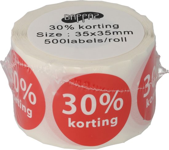 Rouleau d'autocollants blancs avec cercle rouge et texte '30% korting'. Taille 35x35mm, 500 étiquettes.
