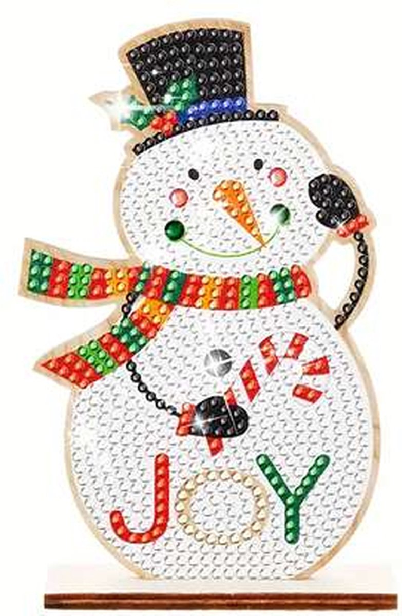 Diamond Painting - Houten standaard - Sneeuwpop - Kerst - Volledig - Ronde steentjes - 15x9 cm