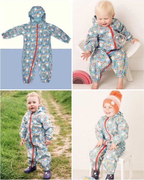 Combinaison de jeu en plein air| Combinaison de pluie | Combinaison anti-éclaboussures | Maura la souris | Eco | Bleu | Matériaux recyclés | Lame et Rose | 3-4 ans