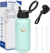ZenHydra Gourde avec Paille - Gourde 1 Litre - Bouteilles d'eau Adultes - 24 Heures Froides - 12 Heures Chaudes - Anti-Fuite - Vert