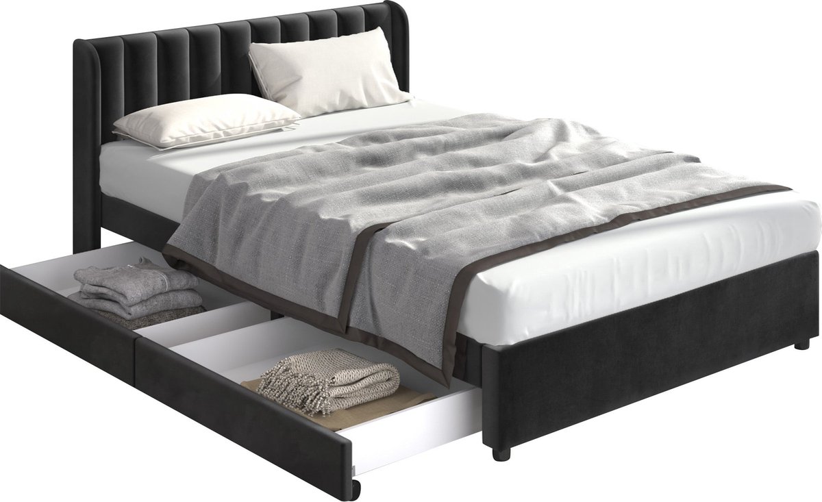 Merax Gestoffeerd Tweepersoonsbed 140x200 cm met 2 Lades - Fluweel Bed met Lattenbodem en Hoofdbord - Zwart