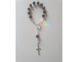 Rozenkrans - Tientje - Paternoster, gemaakt met tijgeroog halfedelsteen kralen en o.a. kristallen van Swarovski, met zilverkleurig kruisje (gebedssnoer, eerste communie, geloof, Hanger, kruisteken, meditatie, mediteren, gebed, spiritueel)