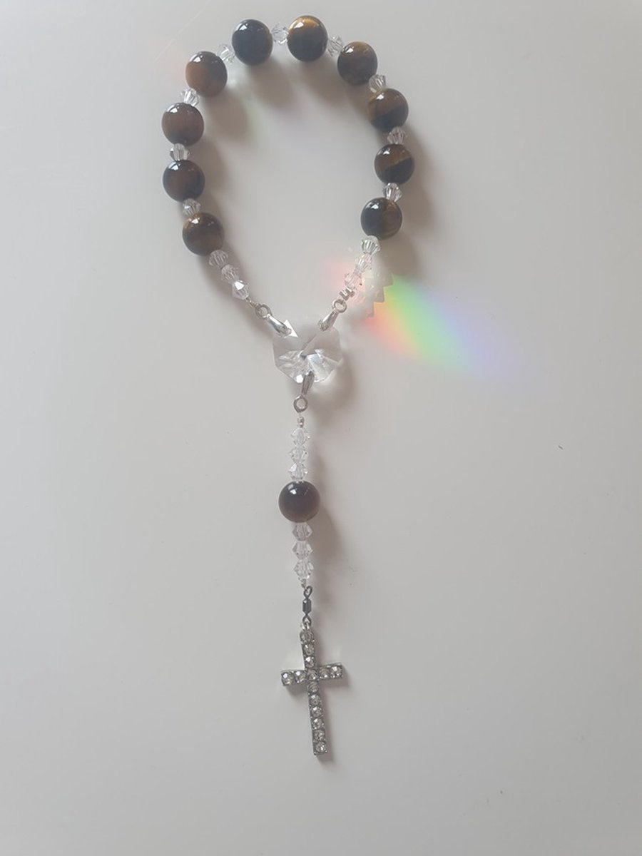 Rozenkrans - Tientje - Paternoster, gemaakt met tijgeroog halfedelsteen kralen en o.a. kristallen van Swarovski, met zilverkleurig kruisje (gebedssnoer, eerste communie, geloof, Hanger, kruisteken, meditatie, mediteren, gebed, spiritueel)