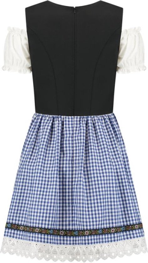 Achterkant van een zwarte dirndl met witte korte mouwen, en een blauw-wit geblokte rok met kanten rand.