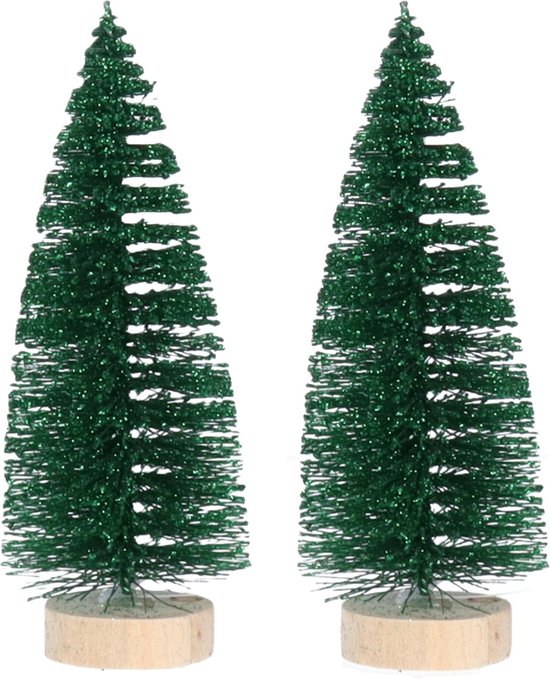 House of Seasons Mini decoratie kerstboompjes - 2x - groen - glitter - H15 cm - kunststof - miniboompjes