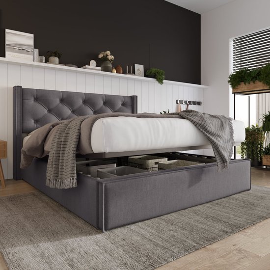 Lit double Merax Queensize 160 x 200 cm avec Matras en mousse froide – Lit rembourré avec rangement hydraulique – Grijs