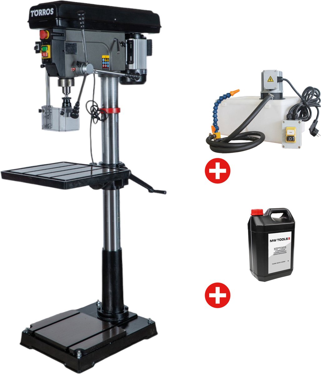 Professionele kolomboormachine boren tot ø 30 mm MK3 1,5 kW 400V met koelvloeistofsysteem en bus 5L koelmiddel Torros DF30T PACK COOL