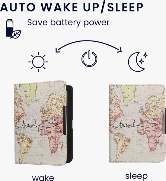 kwmobile e-reader hoesje geschikt voor Kobo Clara BW / Colour hoes - E reader flip case met magneetsluiting - Ereader cover - Travel Wereldkaart design in zwart / meerkleurig van Merkloos — afbeelding 5
