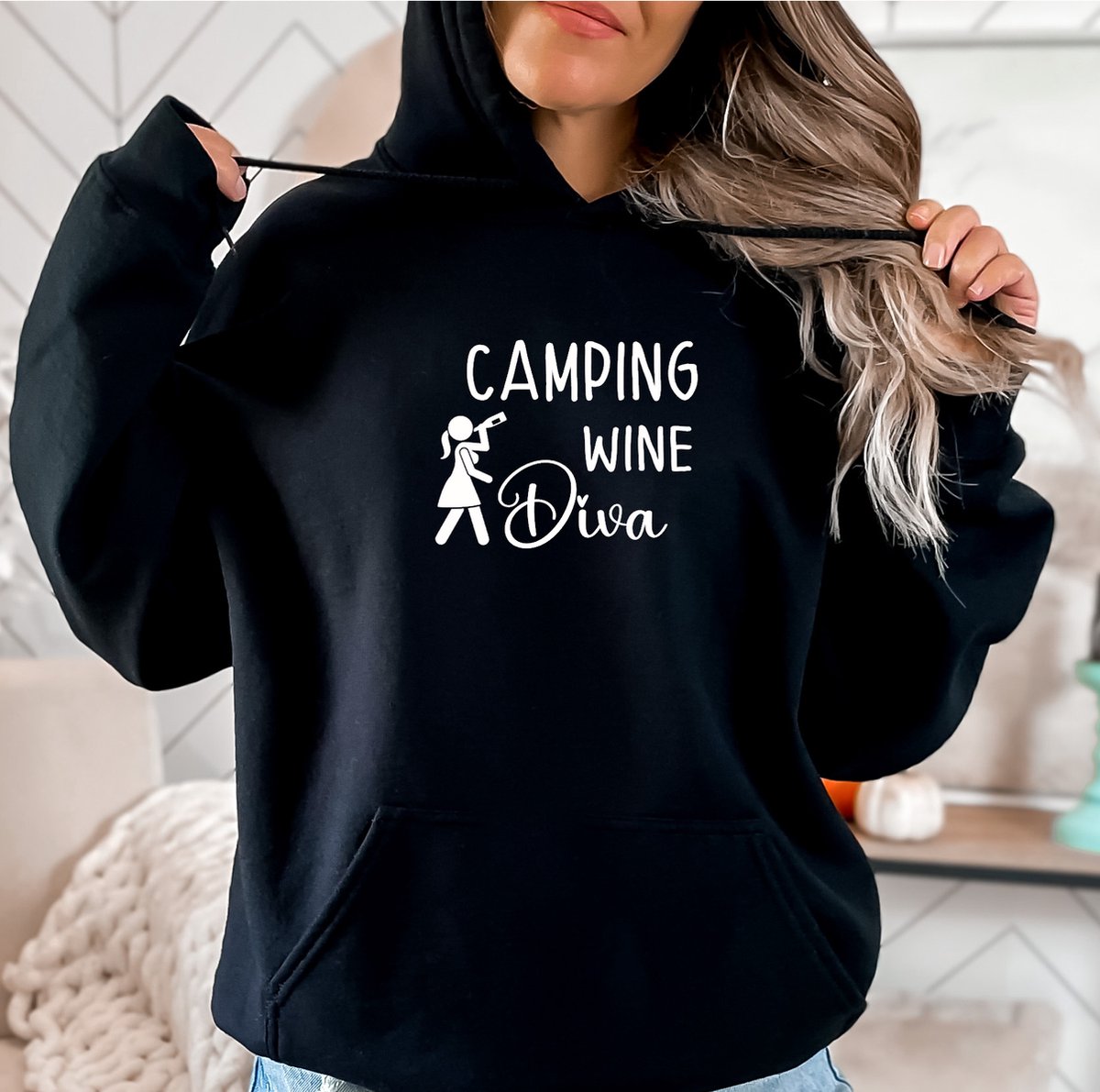 Dames hoodie Camping Wine diva maat 3XL -Zwarte hoodie