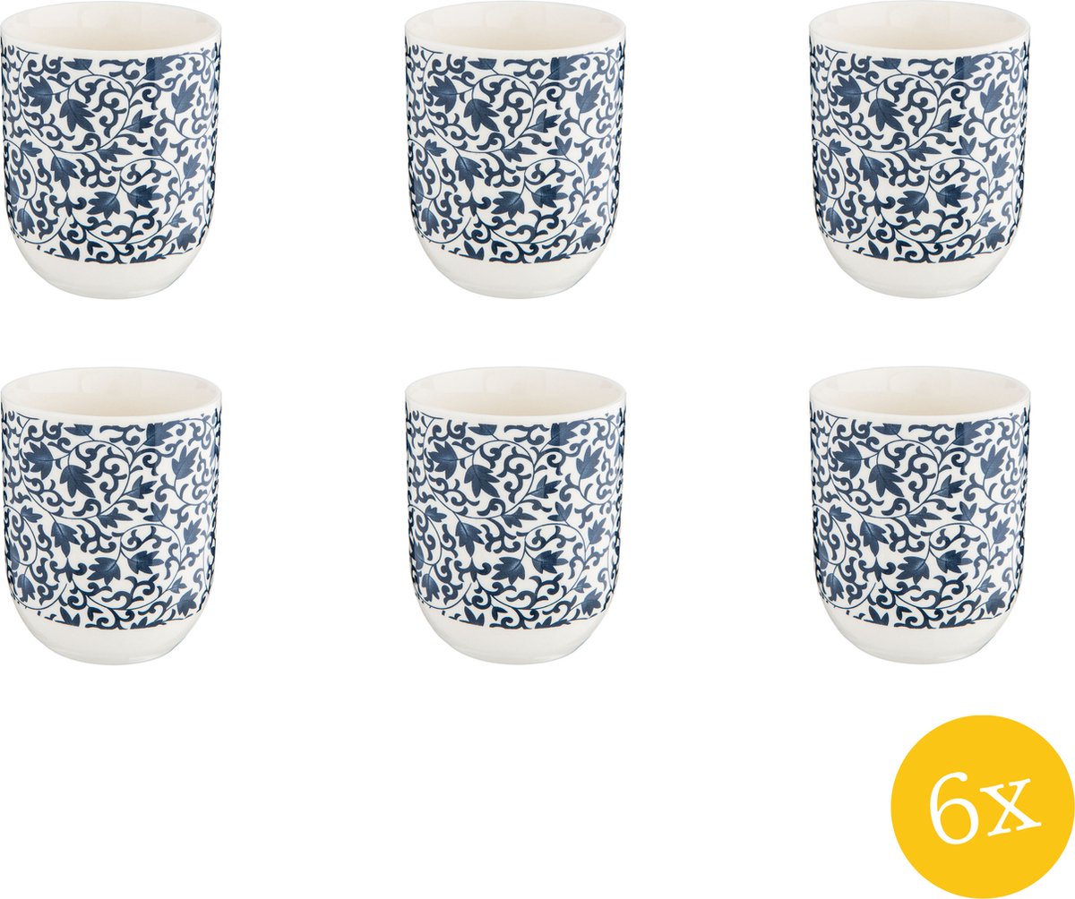 Clayre & Eef Mok set van 6 stuks 100 ml Blauw Porselein Rond Bladeren Theemok
