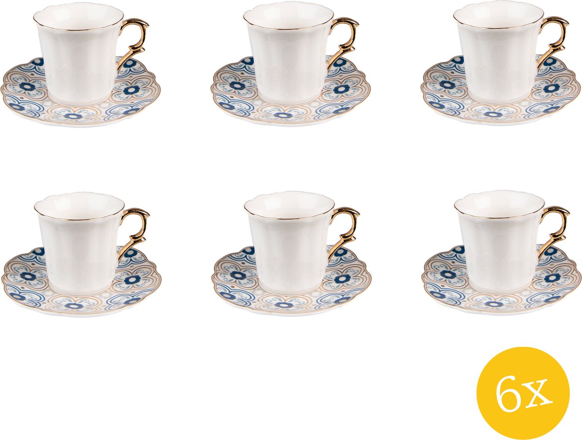 Clayre & Eef Kop en schotel set van 6 stuks schotel 95 ml Wit Blauw Porselein Servies