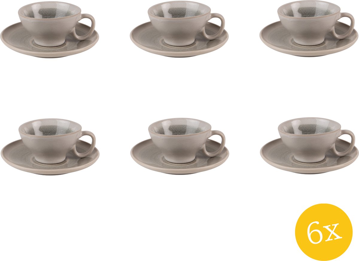 Clayre & Eef Kop en schotel set van 6 stuks schotel 100 ml Grijs Groen Keramiek Servies