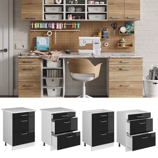 Vicco Élément bas universel R- Line, Zwart brillant/ Wit, 60 cm avec tiroirs