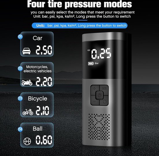 Elektrische Fietspomp draagbare luchtpomp - 6000 mAh batterij - 150 PSI compressor - LCD-scherm - 4 modi - auto's - fietsen - ballen - zaklamp - powerbank van Merkloos — afbeelding 2