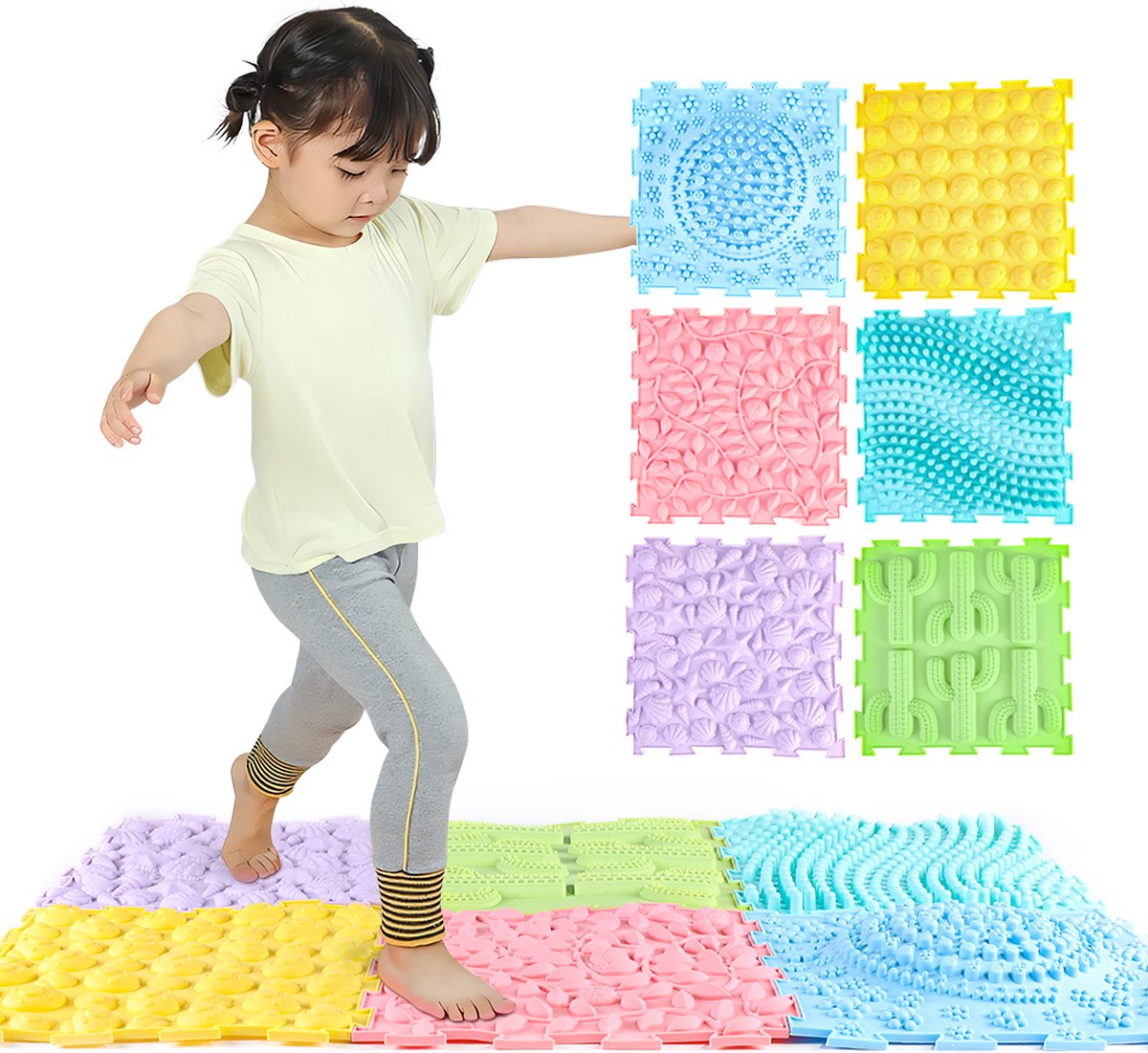 Edusense Orthopedische Puzzelmat 6 Massage Puzzelstukken Verschillende Vormen en Hardheden Massage Matten Sensorische Stapstenen Kinderspeelmatten Spelmatset