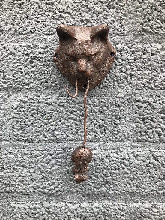 Gietijzeren deurklopper met poes en muis