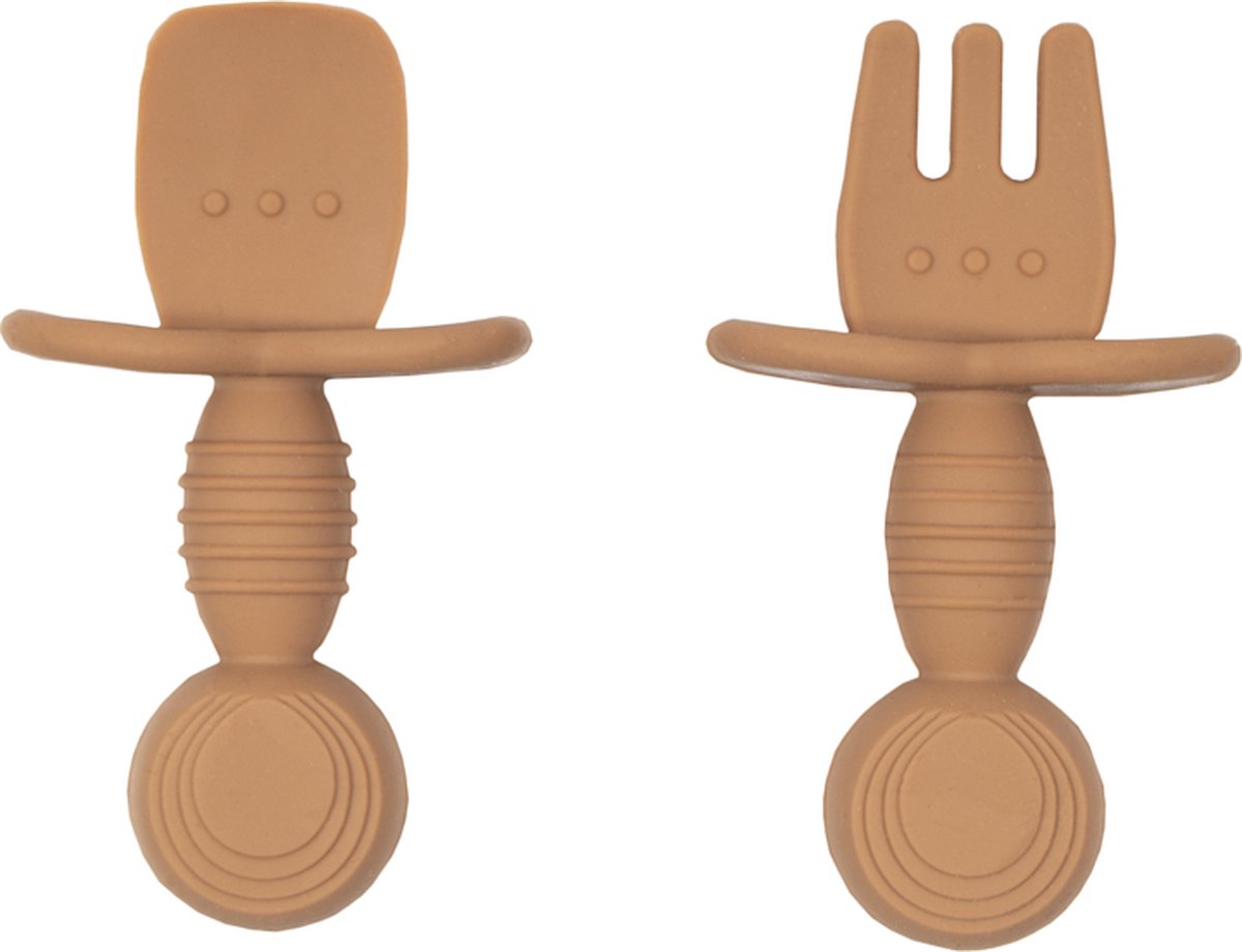 Jikkies Siliconen Kinderbestek Set - Baby Bestek - Lepel & Vork - Taupe - Veilig - Duurzaam - Kindvriendelijk - 100% Siliconen - Vaatwasserbestendig - Magnetronbestendig - Oefenbestek - Ergonomisch Bestek - Kraamcadeau