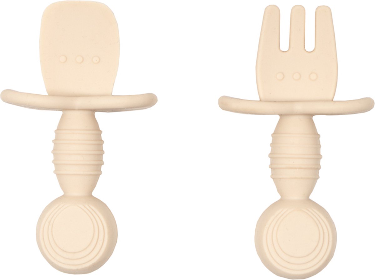 Jikkies Siliconen Kinderbestek Set - Baby Bestek - Lepel & Vork - Beige - Veilig - Duurzaam - Kindvriendelijk - 100% Siliconen - Vaatwasserbestendig - Magnetronbestendig - Oefenbestek - Ergonomisch Bestek - Kraamcadeau