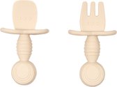 Jikkies Siliconen Kinderbestek Set - Baby Bestek - Lepel & Vork - Beige - Veilig - Duurzaam - Kindvriendelijk - 100% Siliconen - Vaatwasserbestendig - Magnetronbestendig - Oefenbestek - Ergonomisch Bestek - Kraamcadeau