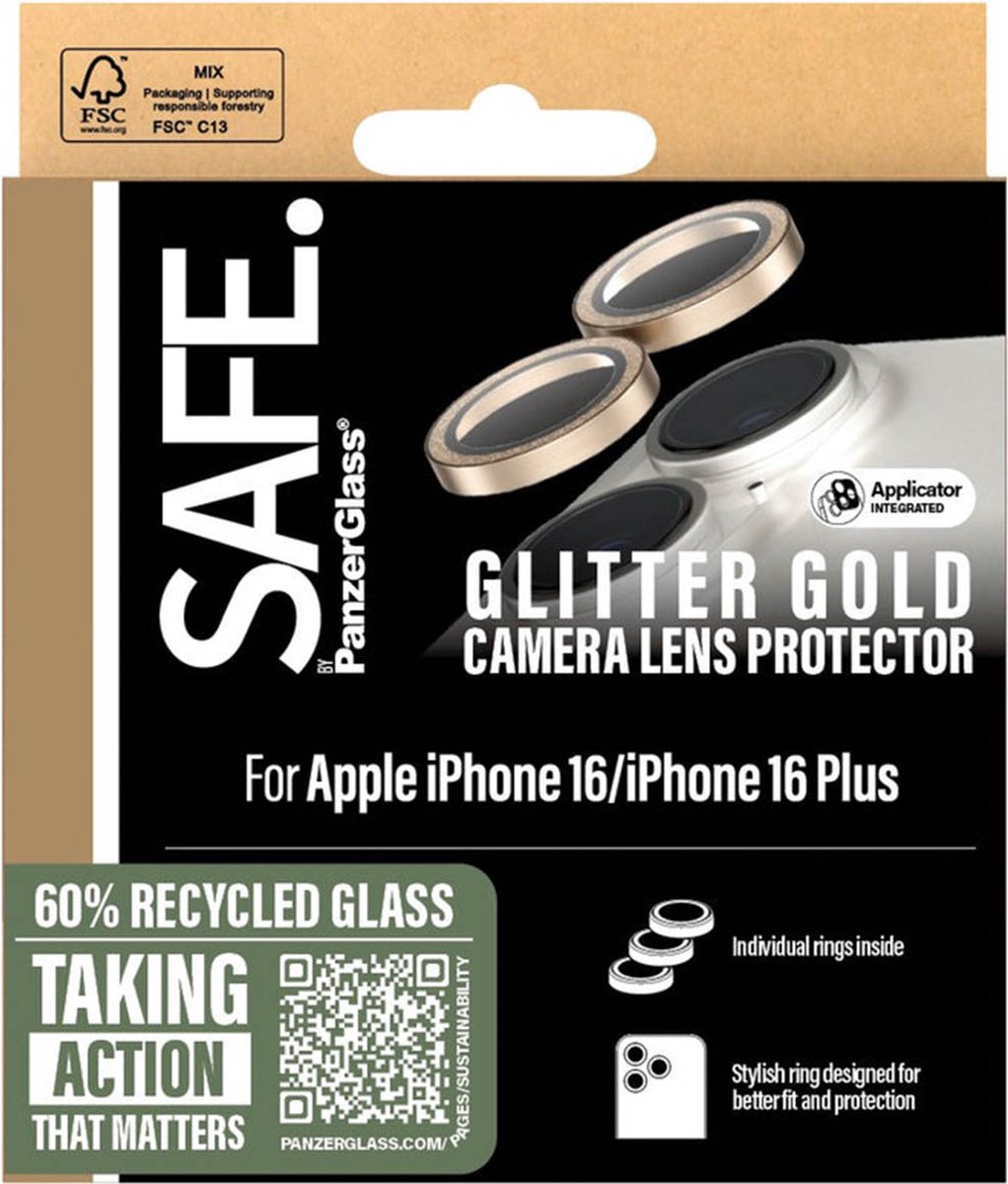 SAFE by PanzerGlass Camera Lens Protector voor de Apple iPhone 16 / 16 Plus - Glitter Gold