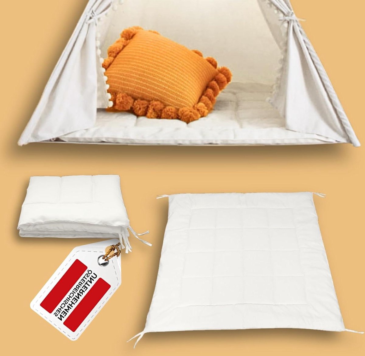 Speelmat Tipi-mat met linten 120 x 120 cm [4 cm dik] gevoerde vloermat voor speeltent-speelhuis zachte vierkante speeldeken voor kinderen gewatteerde inlay-onderlegger om te binden (helder wit)