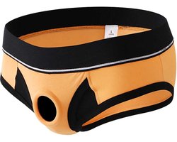 Oranje strakke heren slip met penis gat - BDSM ondergoed mannen - Korte string - Rollenspel - Erotiek - Zeer goede dikke kwaliteit polyester