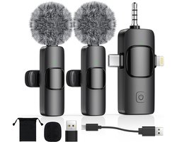 Draadloze Microfoon - 2 Stuks - Lavalier Microfoon - Extra Lange Batterijduur - Geschikt Voor Usb-C & Ios Lightning / Aux - Plug&Play - Dasspeld - Dasspeld Microfoon - Geschikt Voor Youtube Facebook Live Stream Tiktok Vlog Zoom Video-Opname