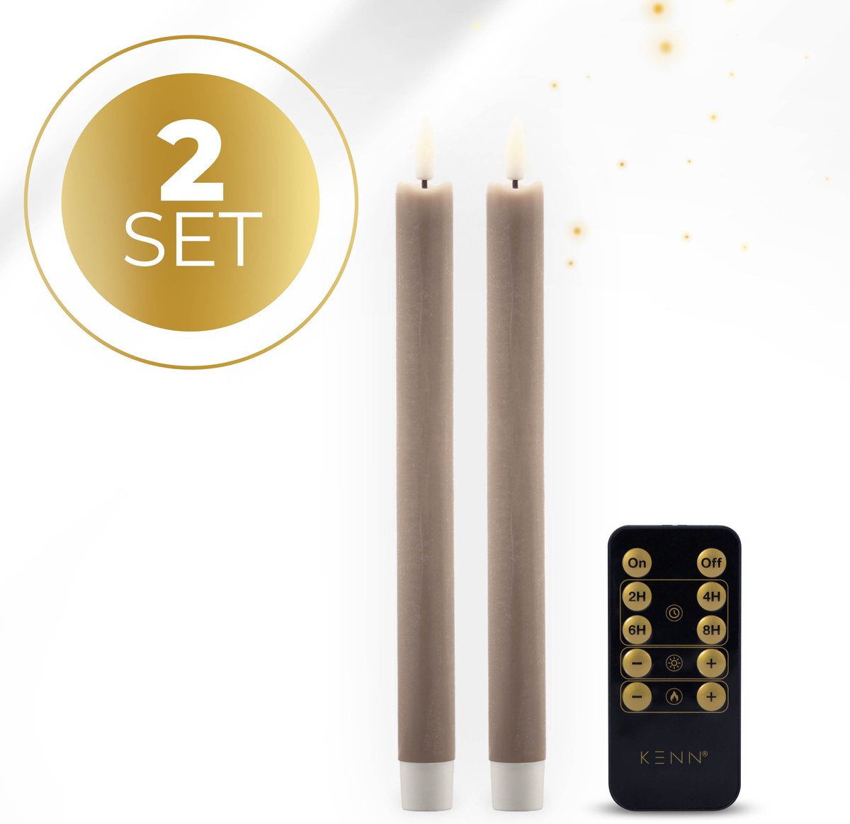 KENN® LED Dinerkaarsen op Batterijen – Echte Wax – Set van 2 – Rustiek Taupe – Met Afstandsbediening & Timer – Realistische 3D Vlam – LED Kaarsen – Dinerkaars LED – Kaarsen op Batterijen – LED Tafelkaarsen – Horeca – Realistisch Flikkerende Vlam