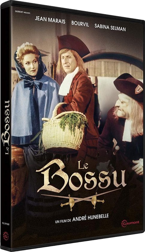 DVD-hoes van 'Le Bossu' met Jean Marais, Bourvil en Sabina Selman. Een vrouw met blauwe cape en hoed, een man met rode jas en hoed, en een man met witte pruik.