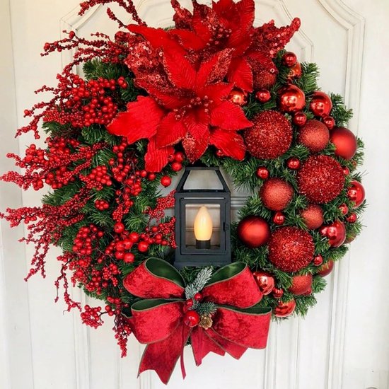 Foto: Kerstdecoratie kerstkrans met lichtjes 40cm rood kerstdecoratie geschikt om aan deuren kasten open haarden te hangen kransdecoratie