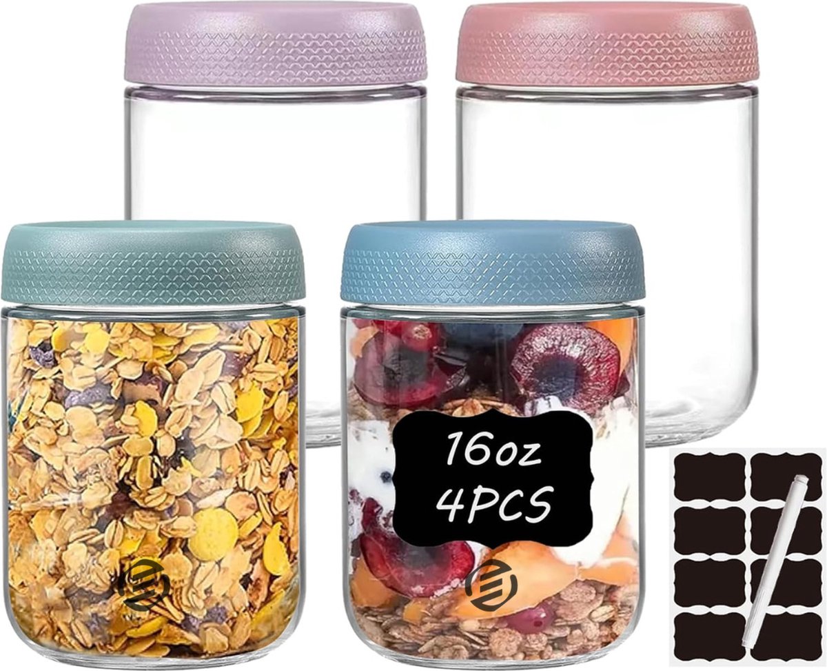 Equivera Overnight Oats Potjes - Muesli Beker - Mason Jar - Havermout - Set - Must have voor jouw ontbijt