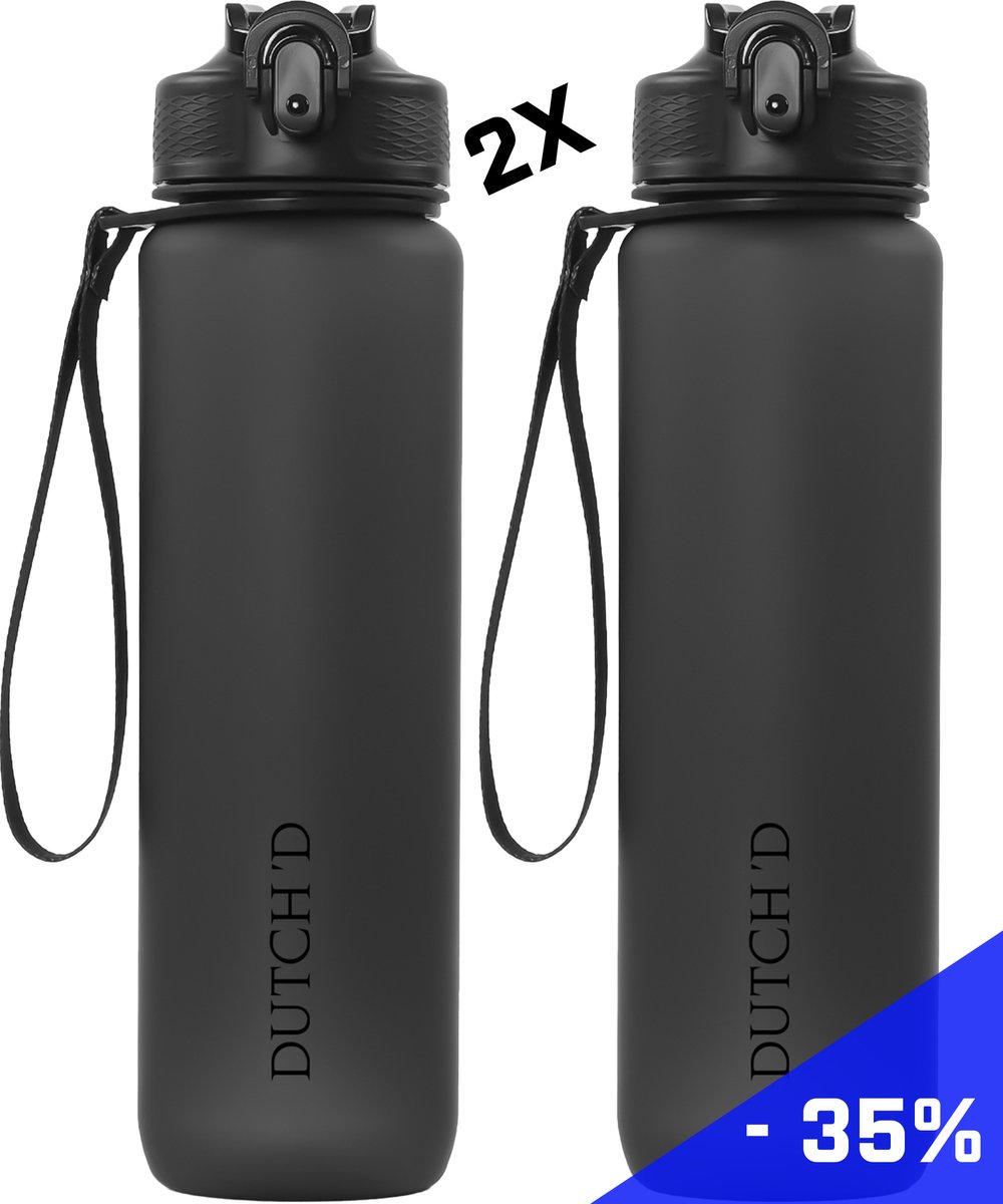 Dutch'D ® - 1 Liter - DEAL! Set van 2 stuks - Waterfles met rietje - Drinkfles - Zwart op Zwart - Tritan - BPA Vrij - Rietje - Lek Vrij - Drinkfles Volwassenen en Kinderen