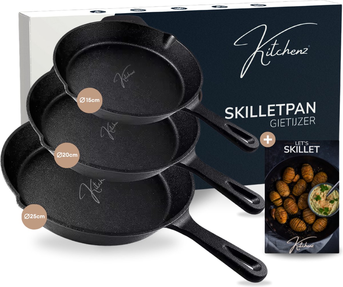 Kitchenz® Gietijzeren Pannen 15 CM / 20 CM / 25 CM - Skillet - Gietijzer Koekenpan Braadpan Grillpan & Hapjespan - Kamado Accesoires - Gas & Inductie - Incl. Receptenboek