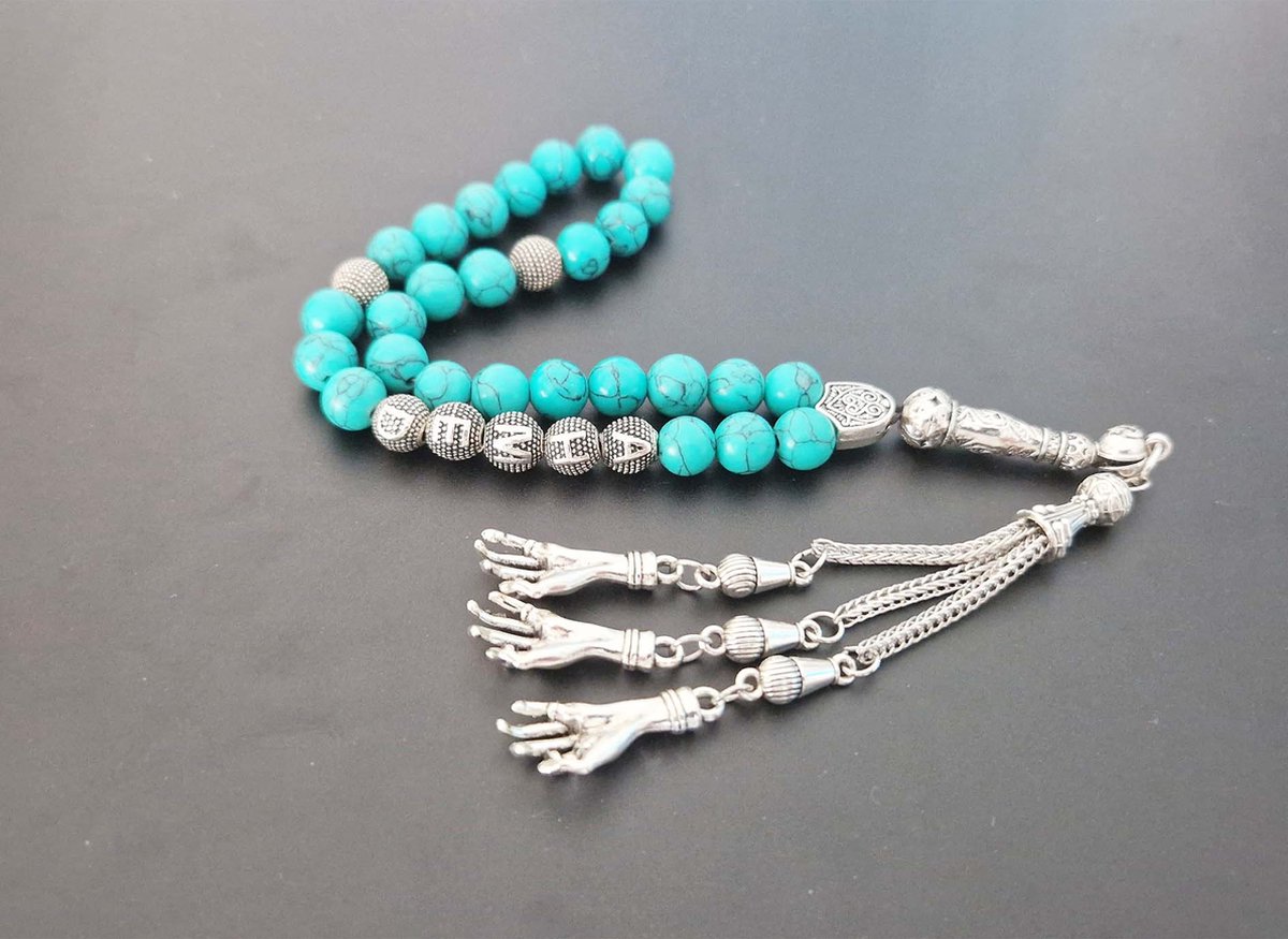 Handgemaakte naam tasbih 33 Kralen Natuursteen “Howliet groen ” - met metaal tassel “Palm"- Met je naam of de naam van uw geliefde- 8 mm diameter van de korrel