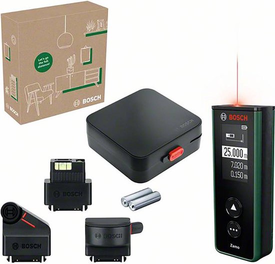 Bosch Zamo Set met laserafstandsmeter, adapters, batterijen en een doos met illustraties.